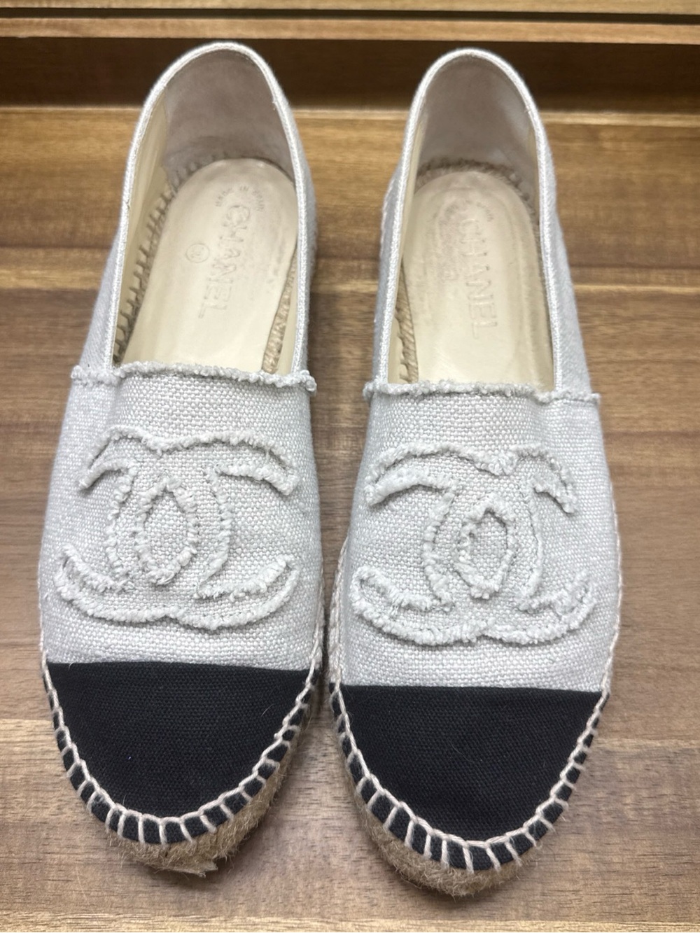 CHANEL Two-Tone Espadrille Slip-On in White and Black